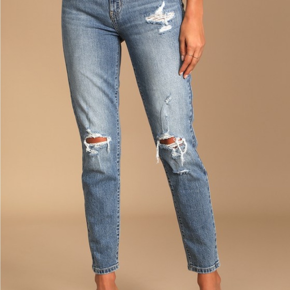 Eunina Super High Rise Ankle Mom Jeans with Distressed Details